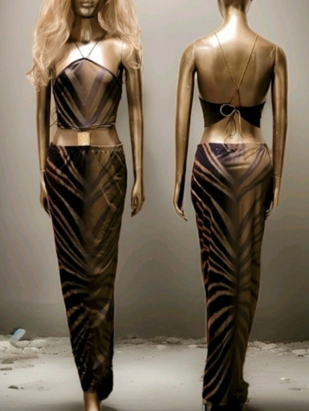 NWT Exotic Print Gold Embellishment Backless  Halter Festival Ibiza Maxi Dress - Picture 8 of 16